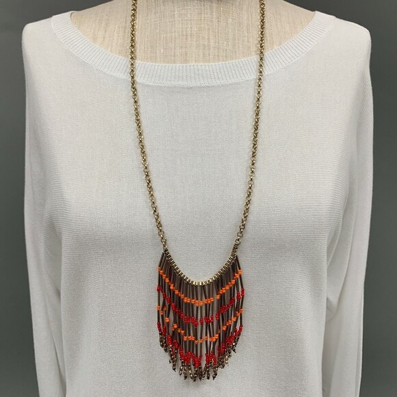 Romolo Elmina Necklace Beaded Fringe Red Salmon Gold-tone NWT - Picture 1 of 6